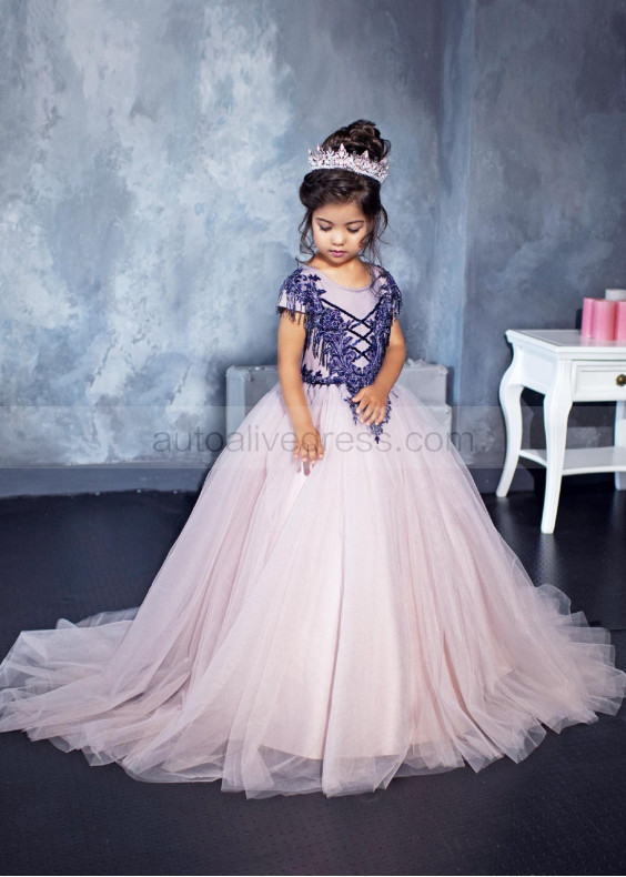 Beaded Blue Lace Tulle Flower Girl Dress